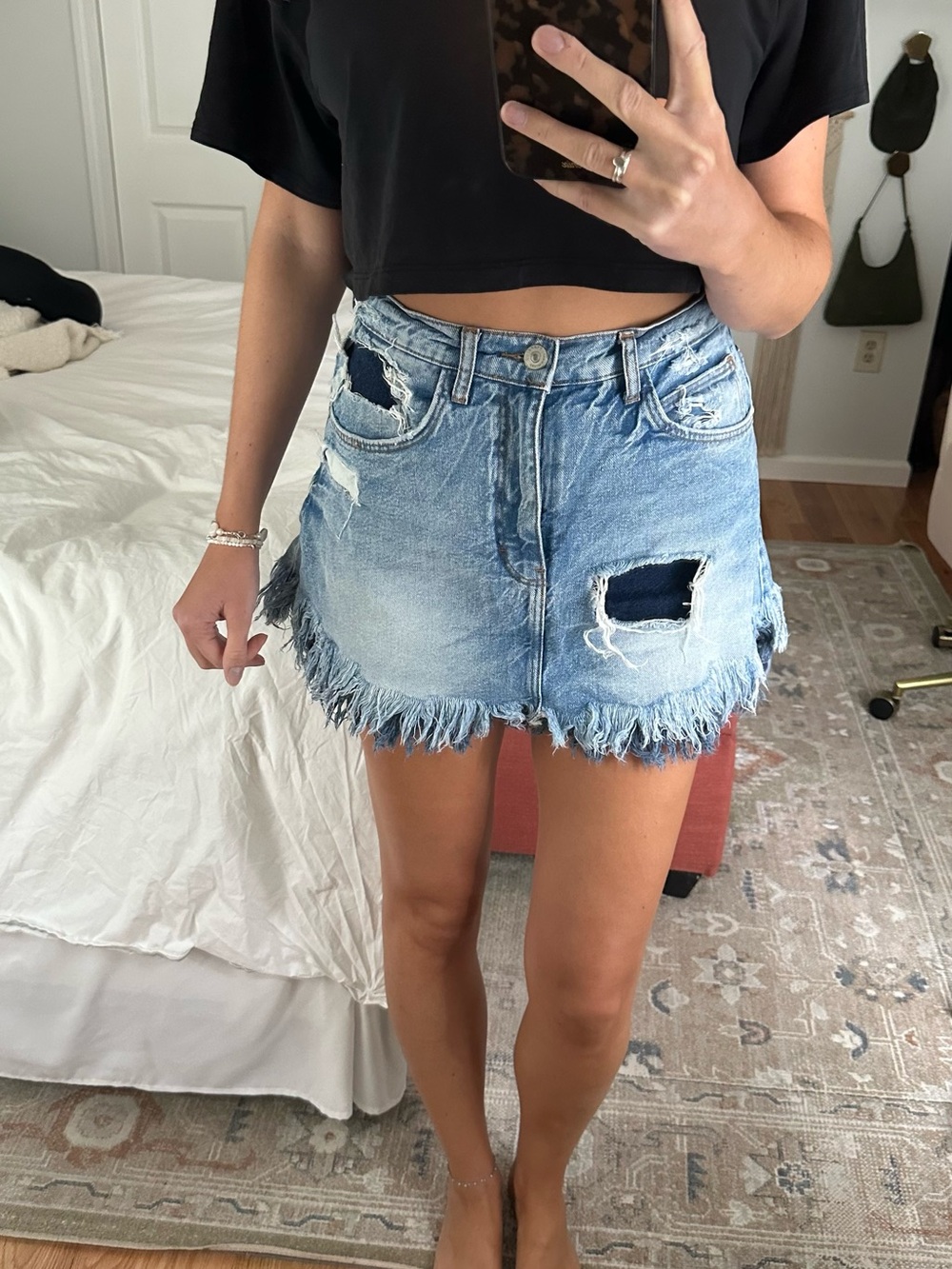 Zara Distressed Frayed Hem Denim Mini SKORT - Blue